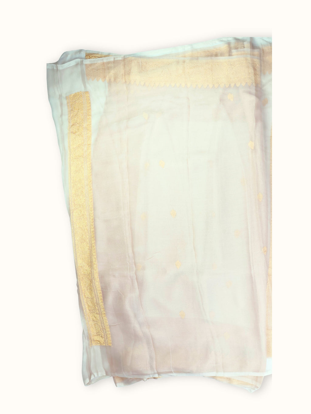 Ivory Khaddi Chiffon Handloom Saree with Gold Kadua Butis, blouse piece and border