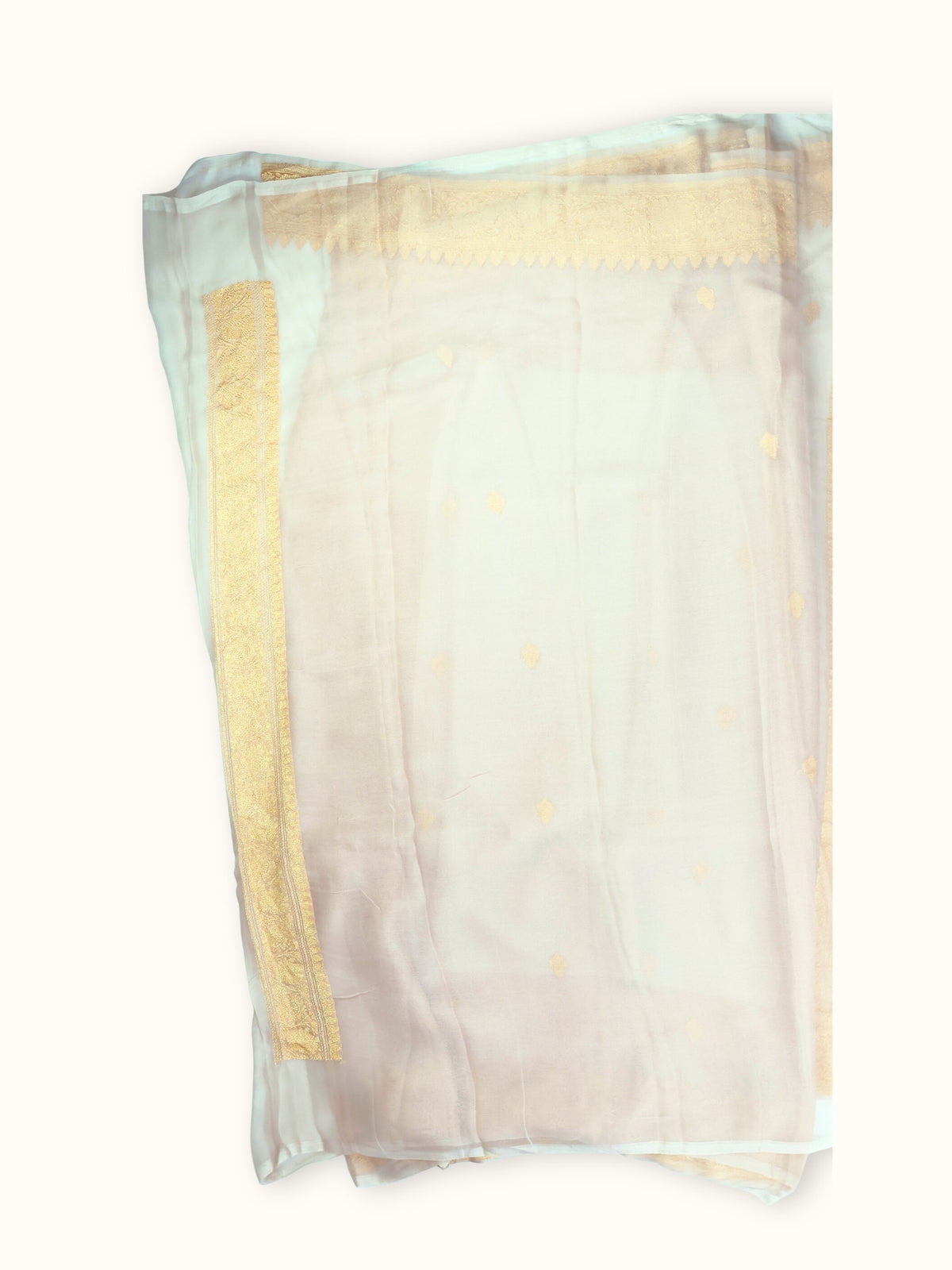 Ivory Khaddi Chiffon Handloom Saree with Gold Kadua Butis, blouse piece and border