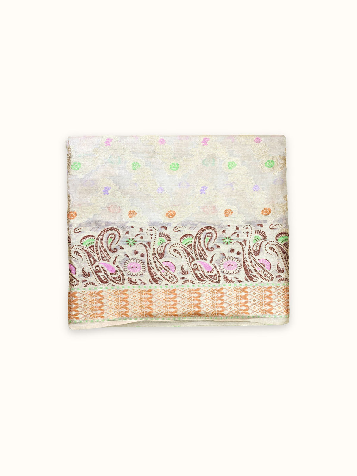 Ivory Tassar silk saree folded, with pastel butis and a paisley border