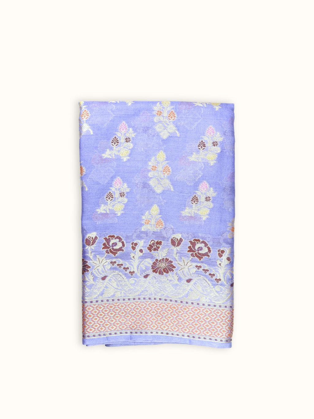 Lavender Tassar silk saree folded, with a border of maroon roses