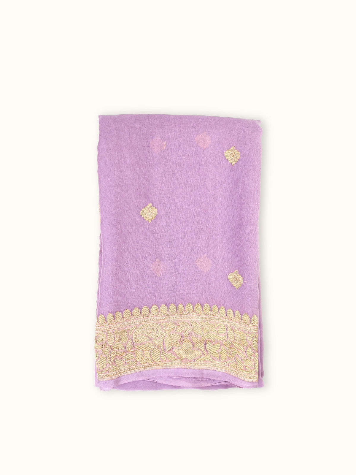 Lilac Khaddi Chiffon Handloom Saree with Kadua Paisley Butis, folded