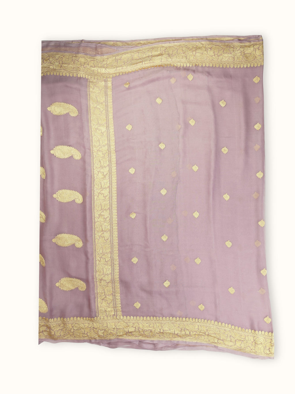 Lilac Khaddi Chiffon Handloom Saree with Kadua Paisley Butis, blouse piece and border