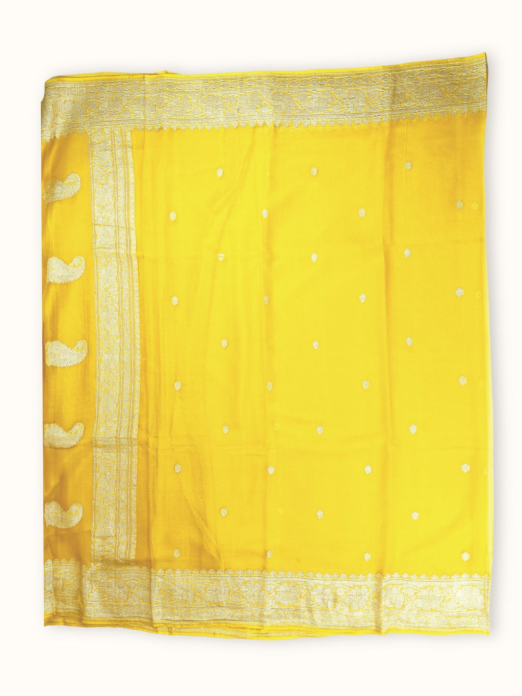 Marigold Khaddi Chiffon Handloom Saree with Kadua Butis, full spread