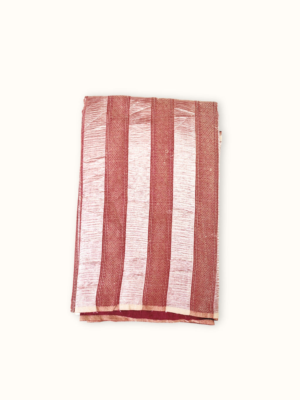 Maroon Muga stripe silk saree folded, with pale gold tissue stripes