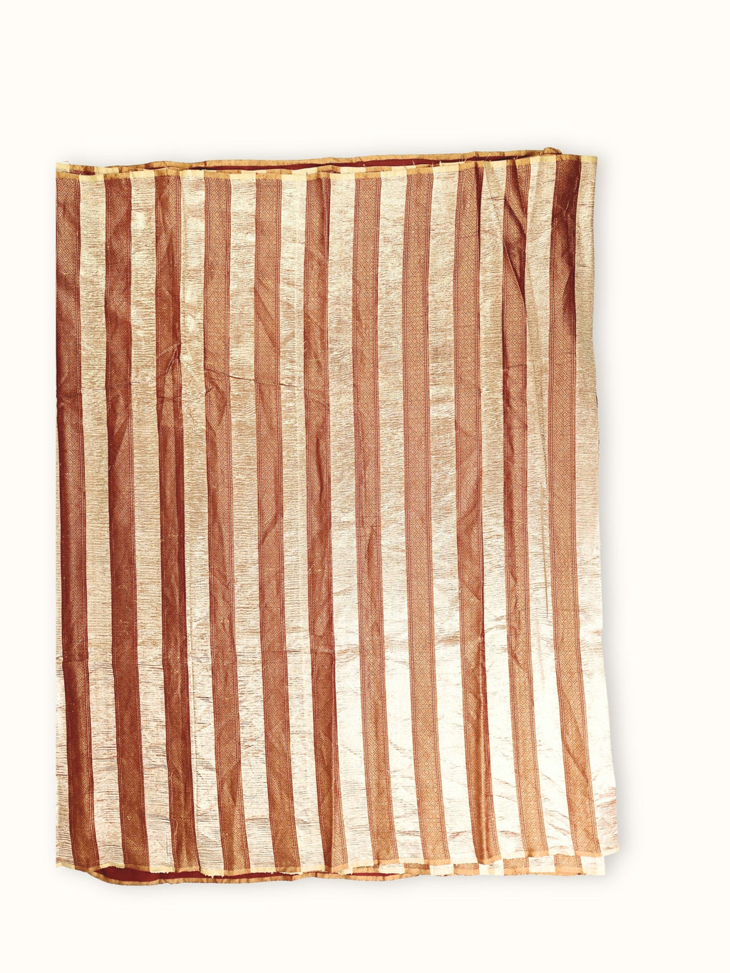Saree laid open, maroon and gold stripes down the body
