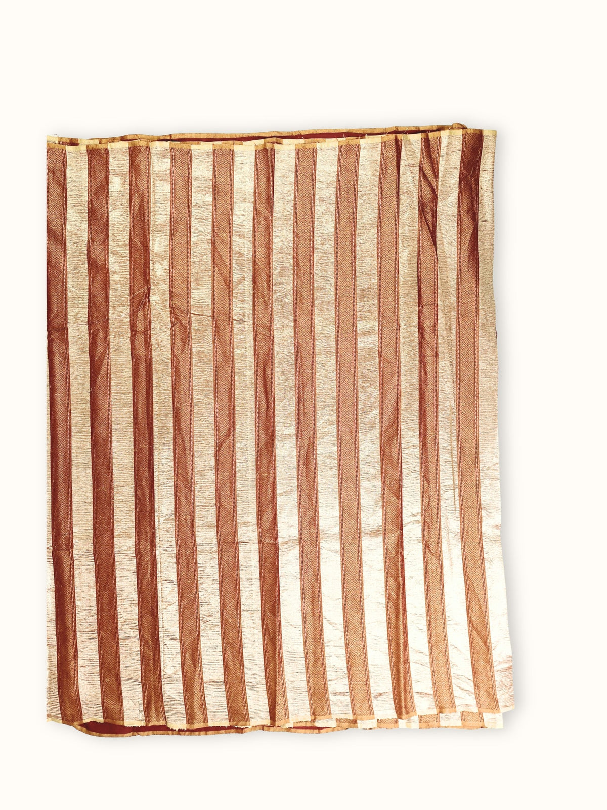 Saree laid open, maroon and gold stripes down the body