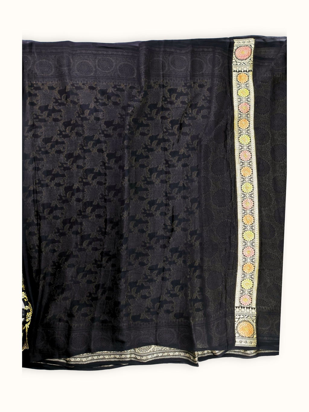 Midnight Blue Rangkaat Chiffon Saree with Hand Painted Zari, blouse piece and border
