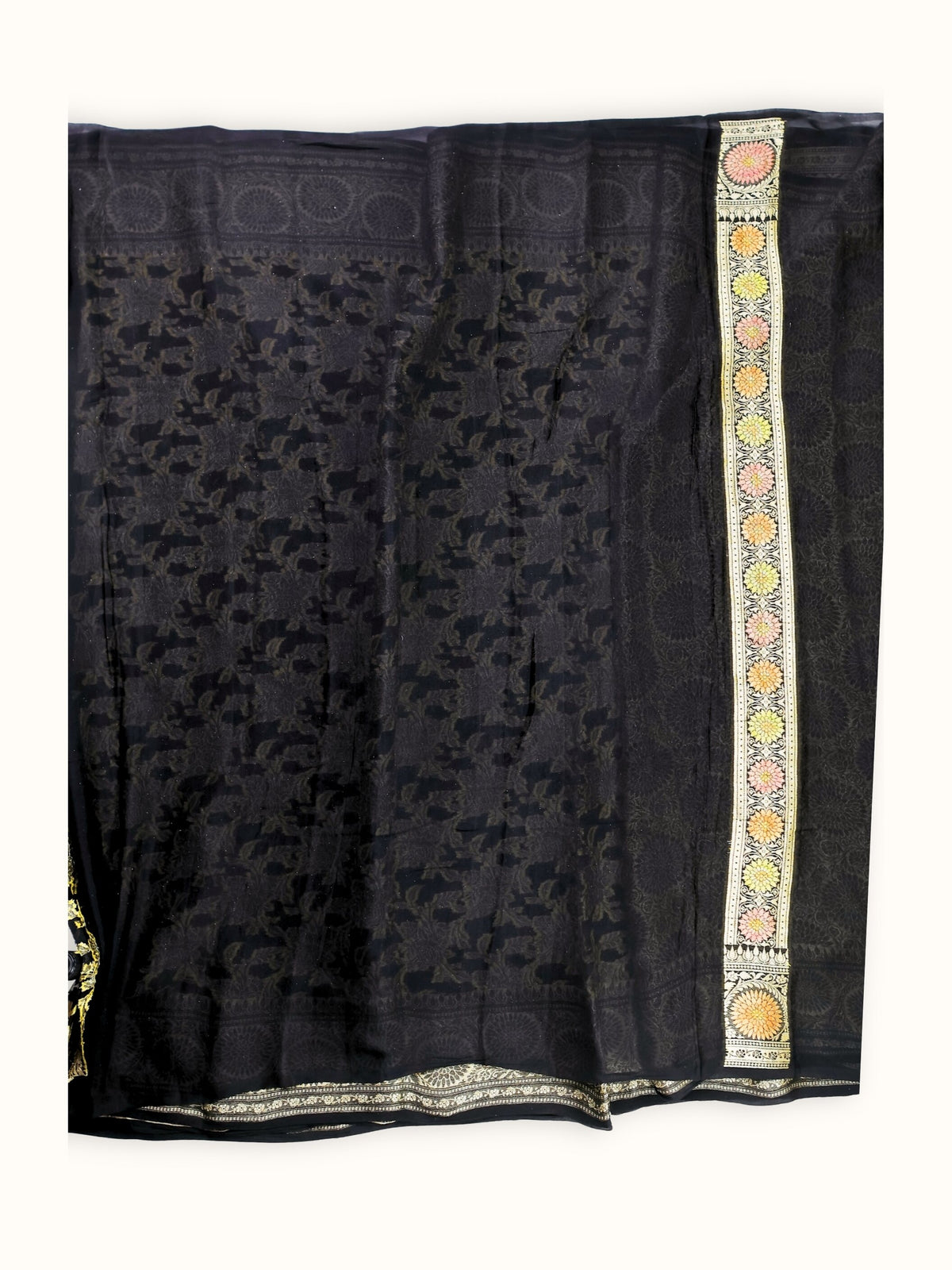 Midnight Blue Rangkaat Chiffon Saree with Hand Painted Zari, blouse piece and border