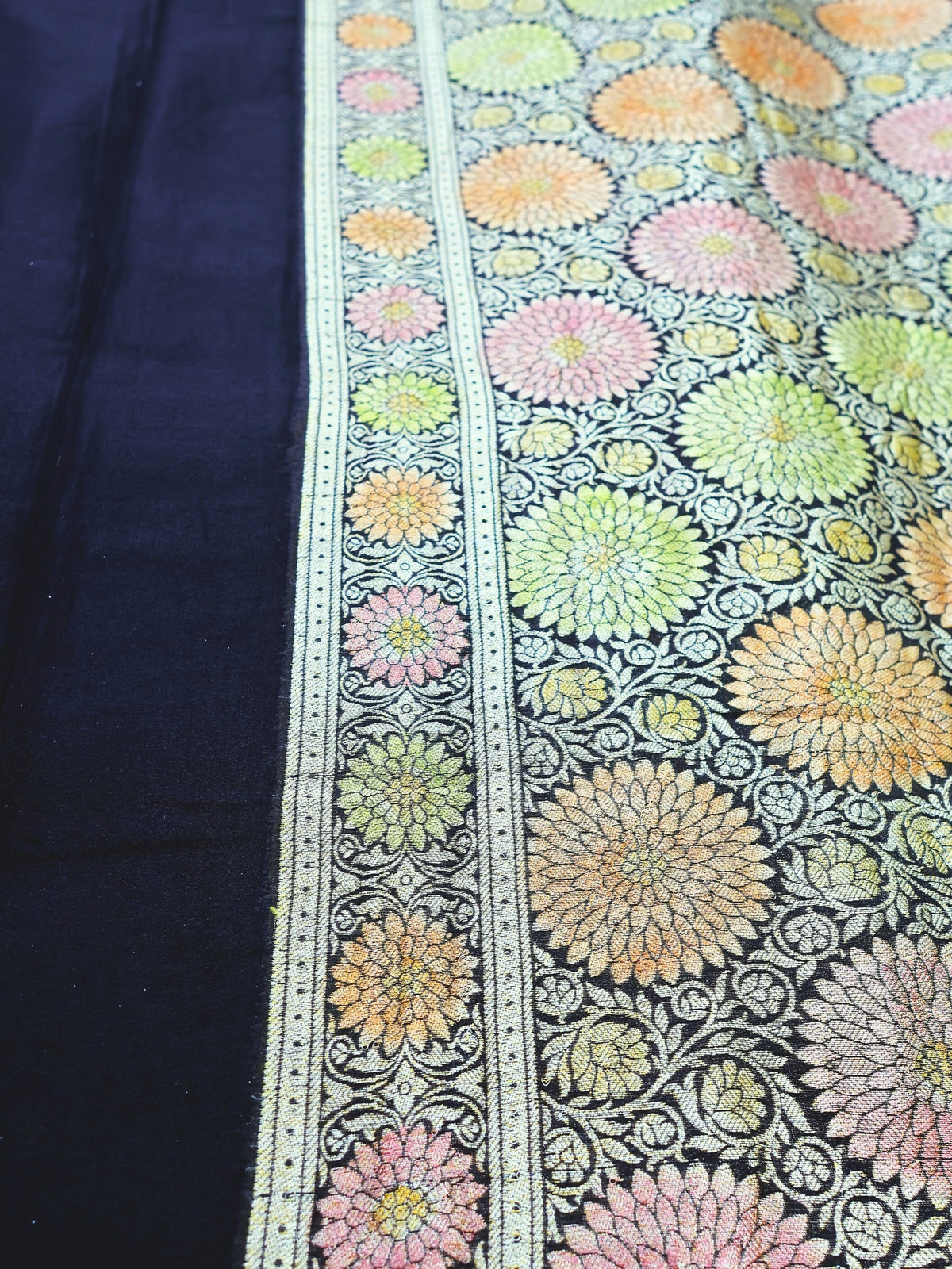 Midnight Blue Rangkaat Chiffon Saree with Hand Painted Zari, close detail of the weave