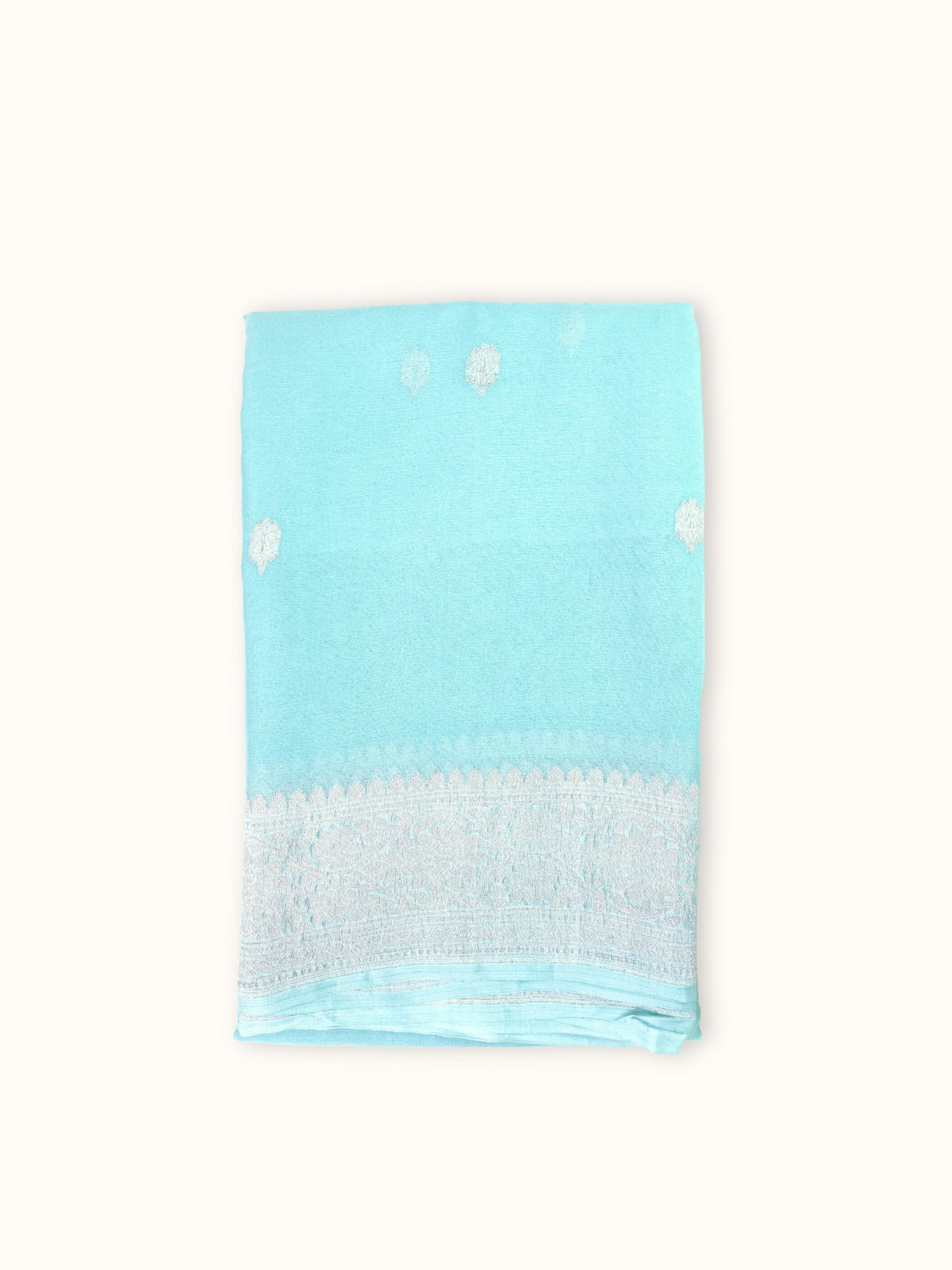 Mint Aqua Khaddi Chiffon Handloom Saree with Kadua Butis, folded
