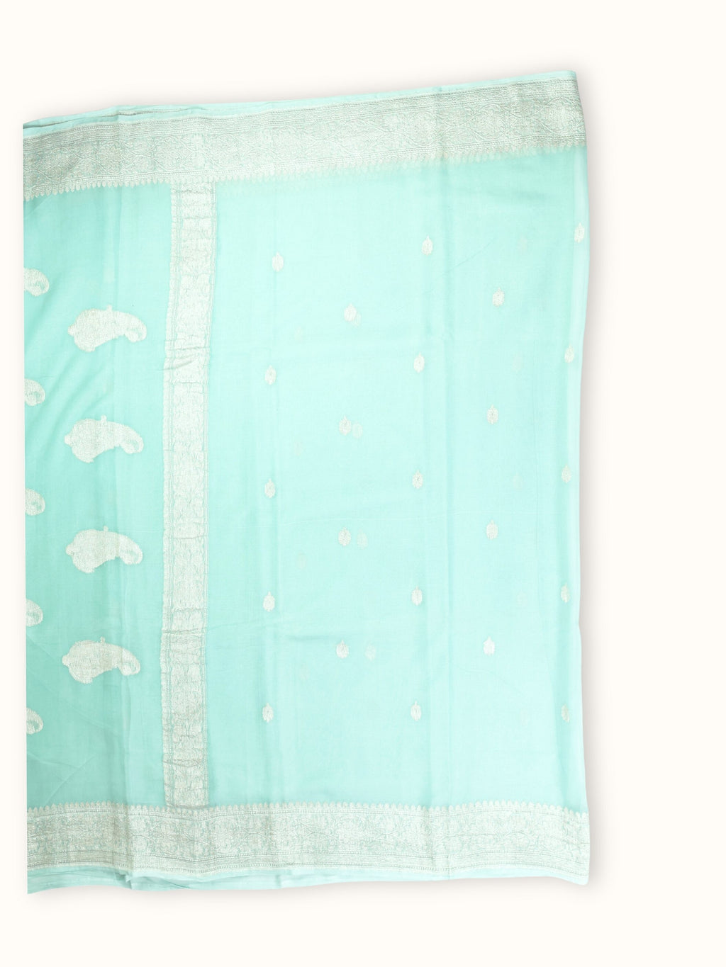 Mint Aqua Khaddi Chiffon Handloom Saree with Kadua Butis, full spread