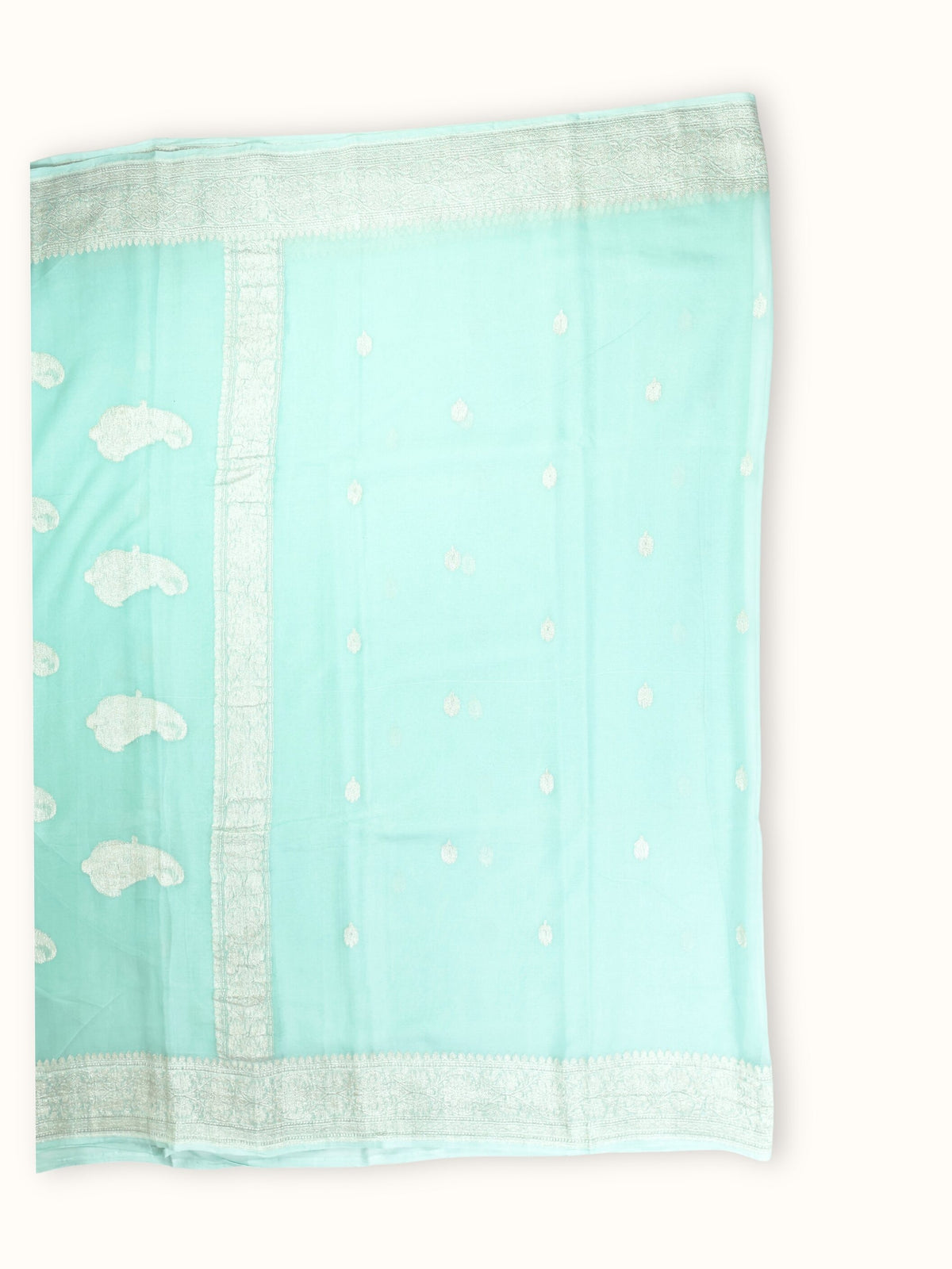 Mint Aqua Khaddi Chiffon Handloom Saree with Kadua Butis, full spread
