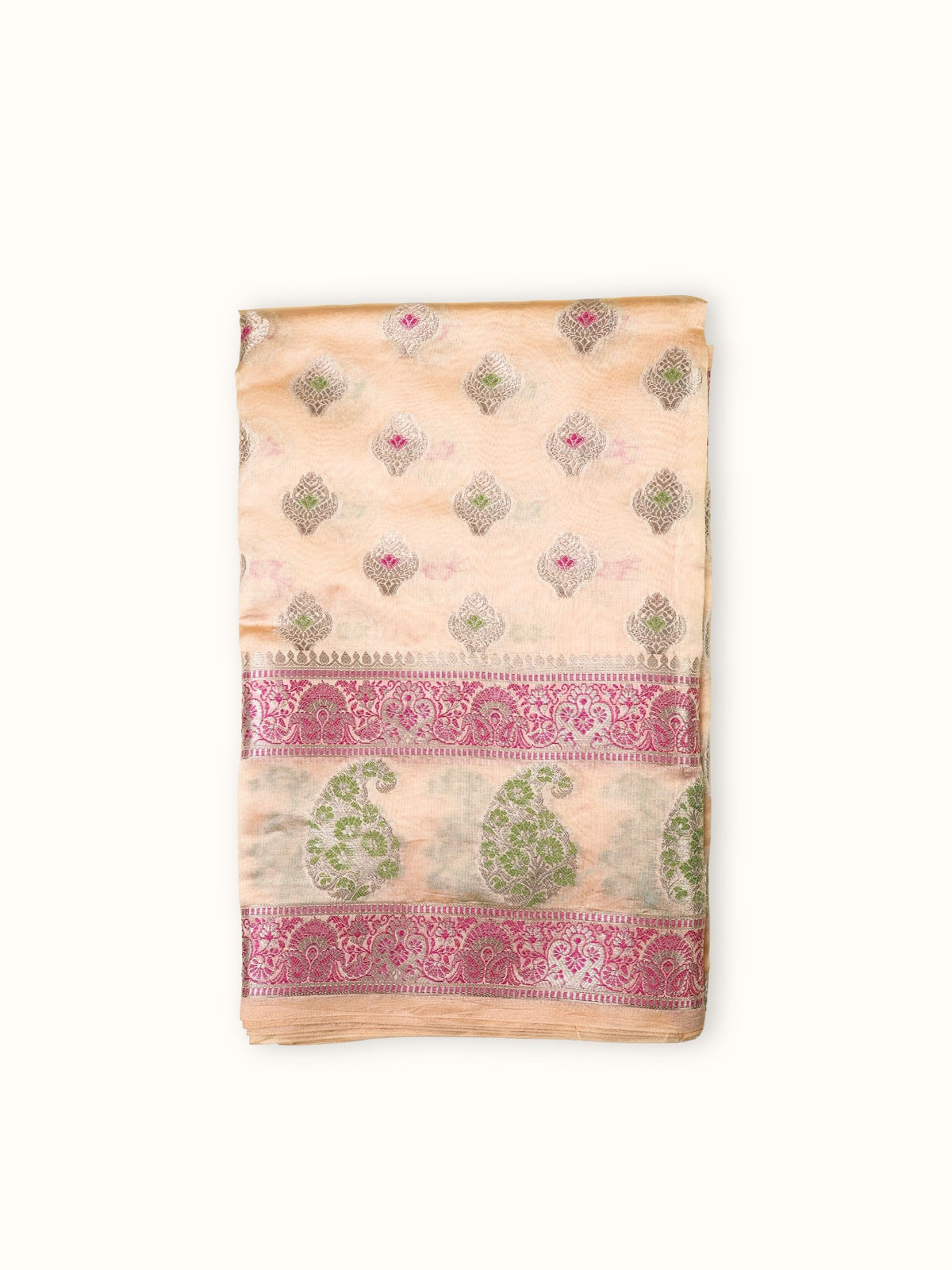Peach Dupian silk saree folded, with a rose border and green paisleys