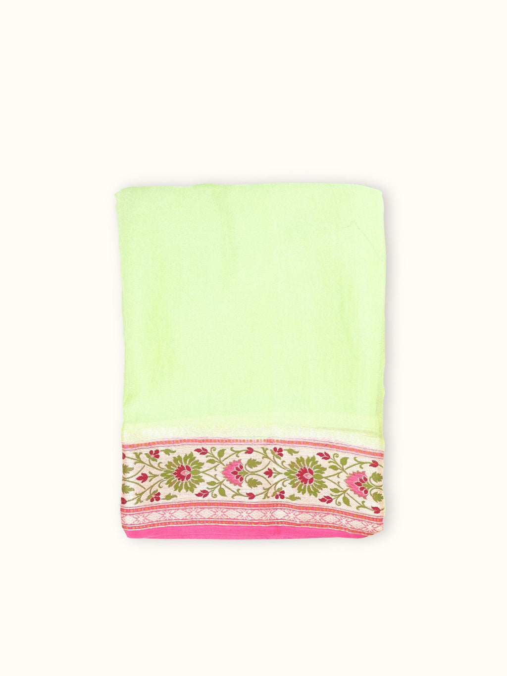 Pistachio Green Chiffon Saree with Rose Meenakari Pallu, folded