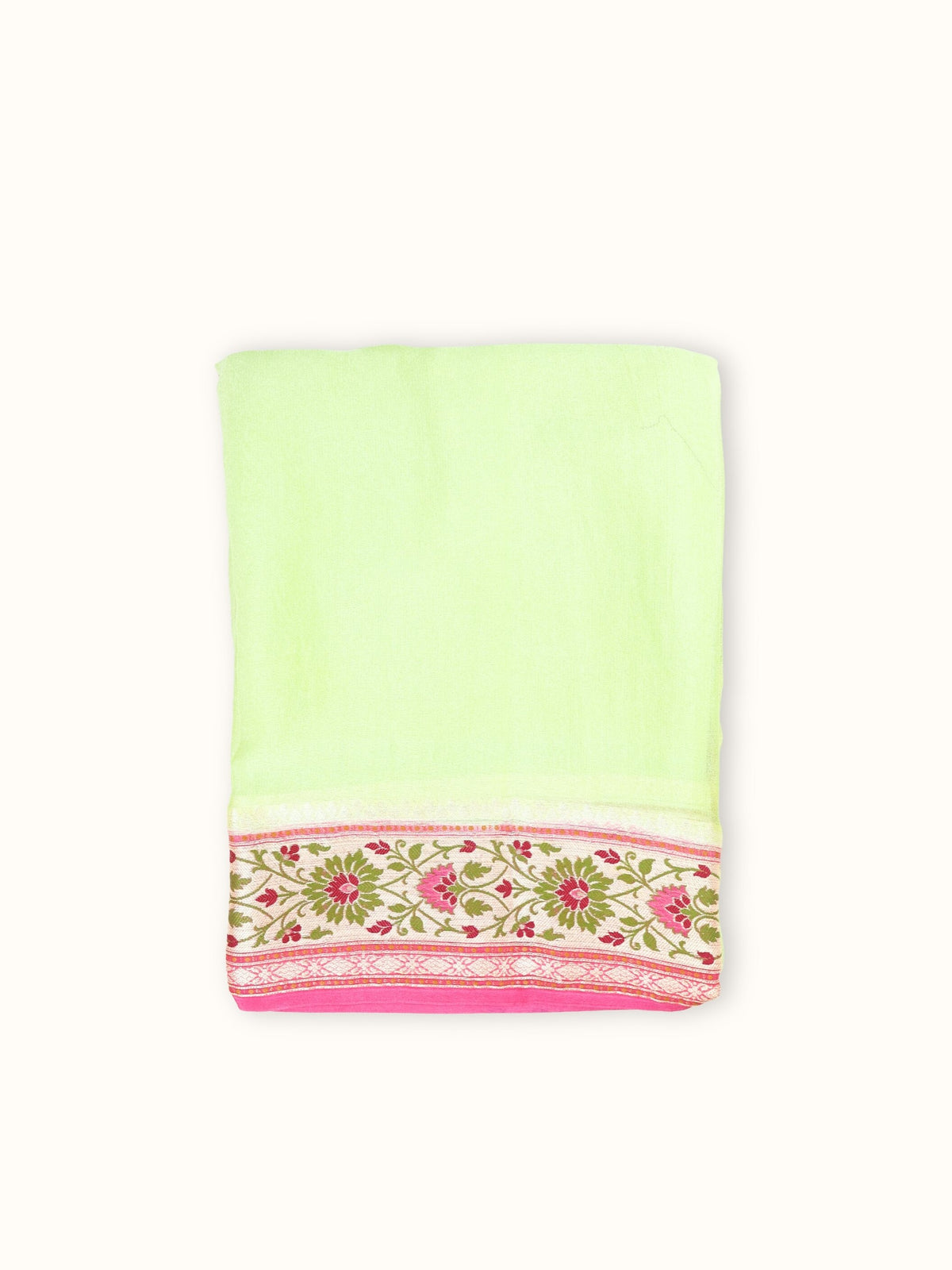 Pistachio Green Chiffon Saree with Rose Meenakari Pallu, folded