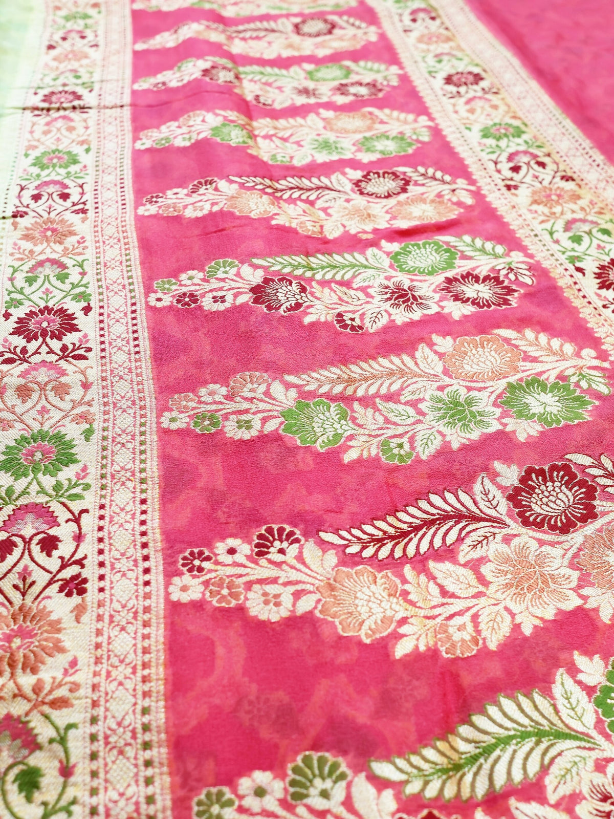 Pistachio Green Chiffon Saree with Rose Meenakari Pallu, close detail of the weave