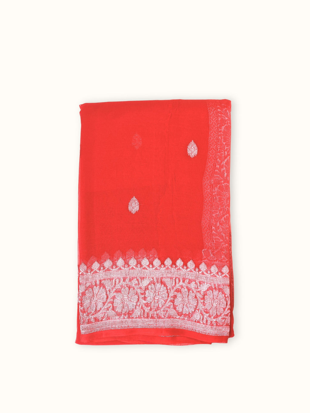 Red Khaddi Chiffon Handloom Saree with Kadua Paisley Butis, folded