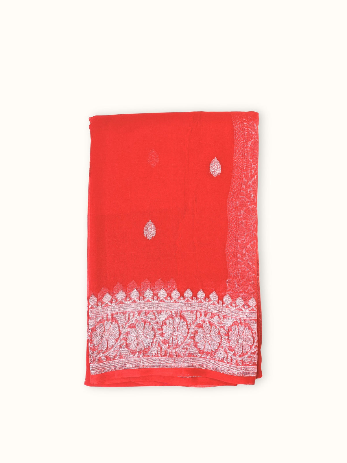 Red Khaddi Chiffon Handloom Saree with Kadua Paisley Butis, folded