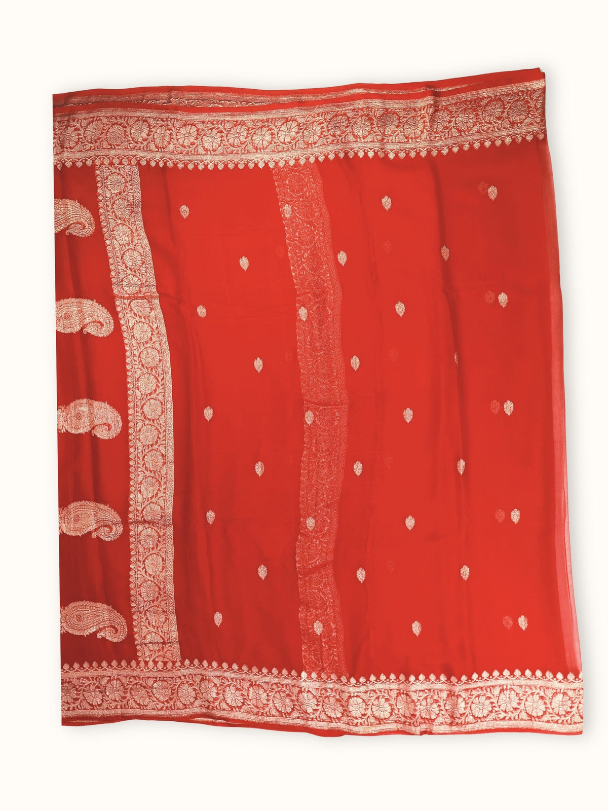 Red Khaddi Chiffon Handloom Saree with Kadua Paisley Butis, full spread