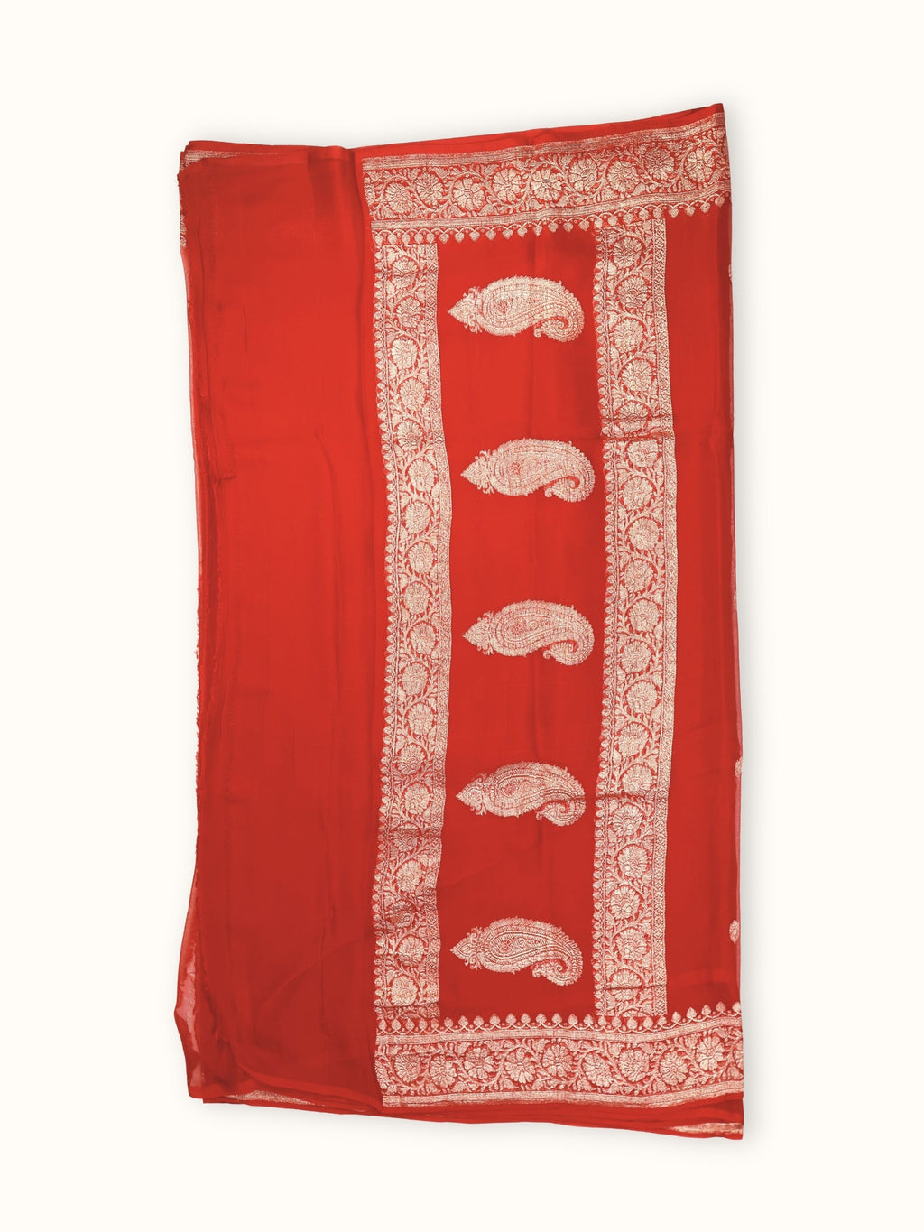 Red Khaddi Chiffon Handloom Saree with Kadua Paisley Butis, pallu