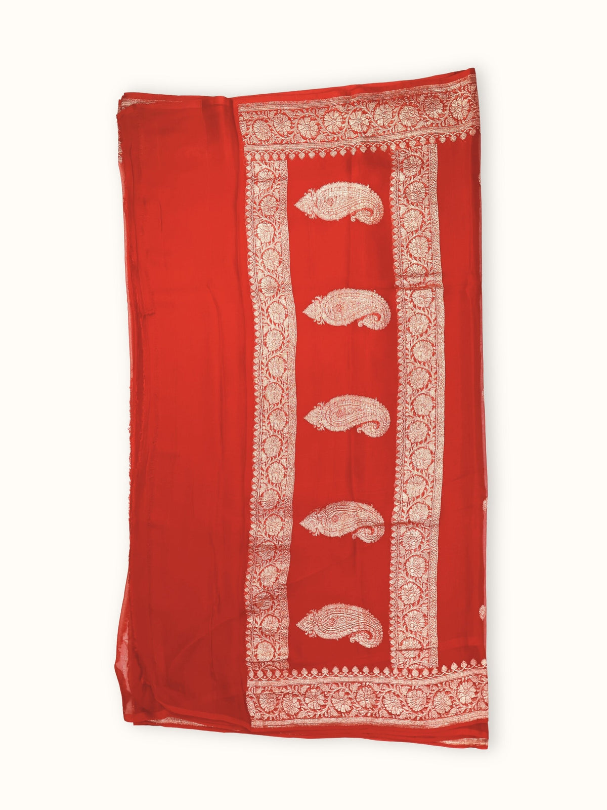 Red Khaddi Chiffon Handloom Saree with Kadua Paisley Butis, pallu