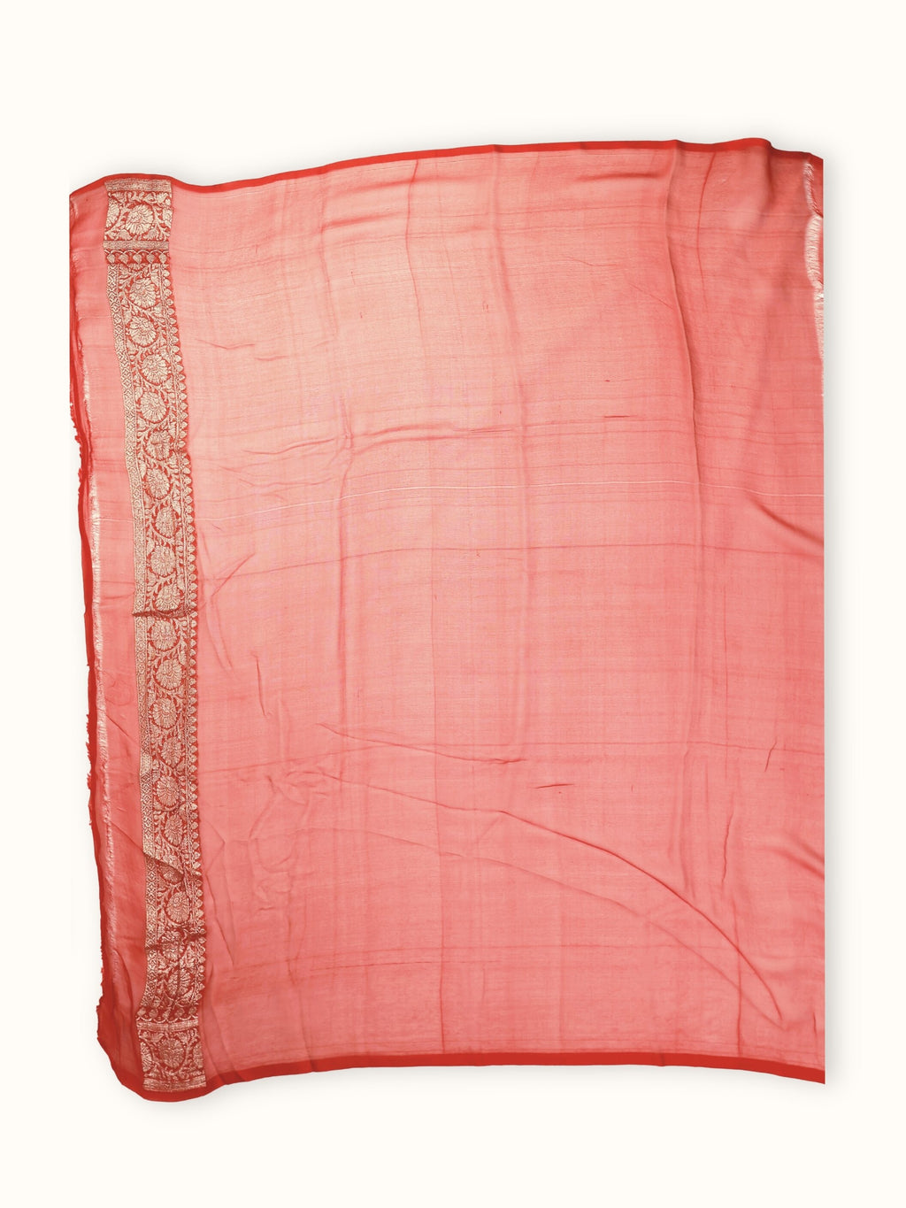 Red Khaddi Chiffon Handloom Saree with Kadua Paisley Butis, blouse piece and border