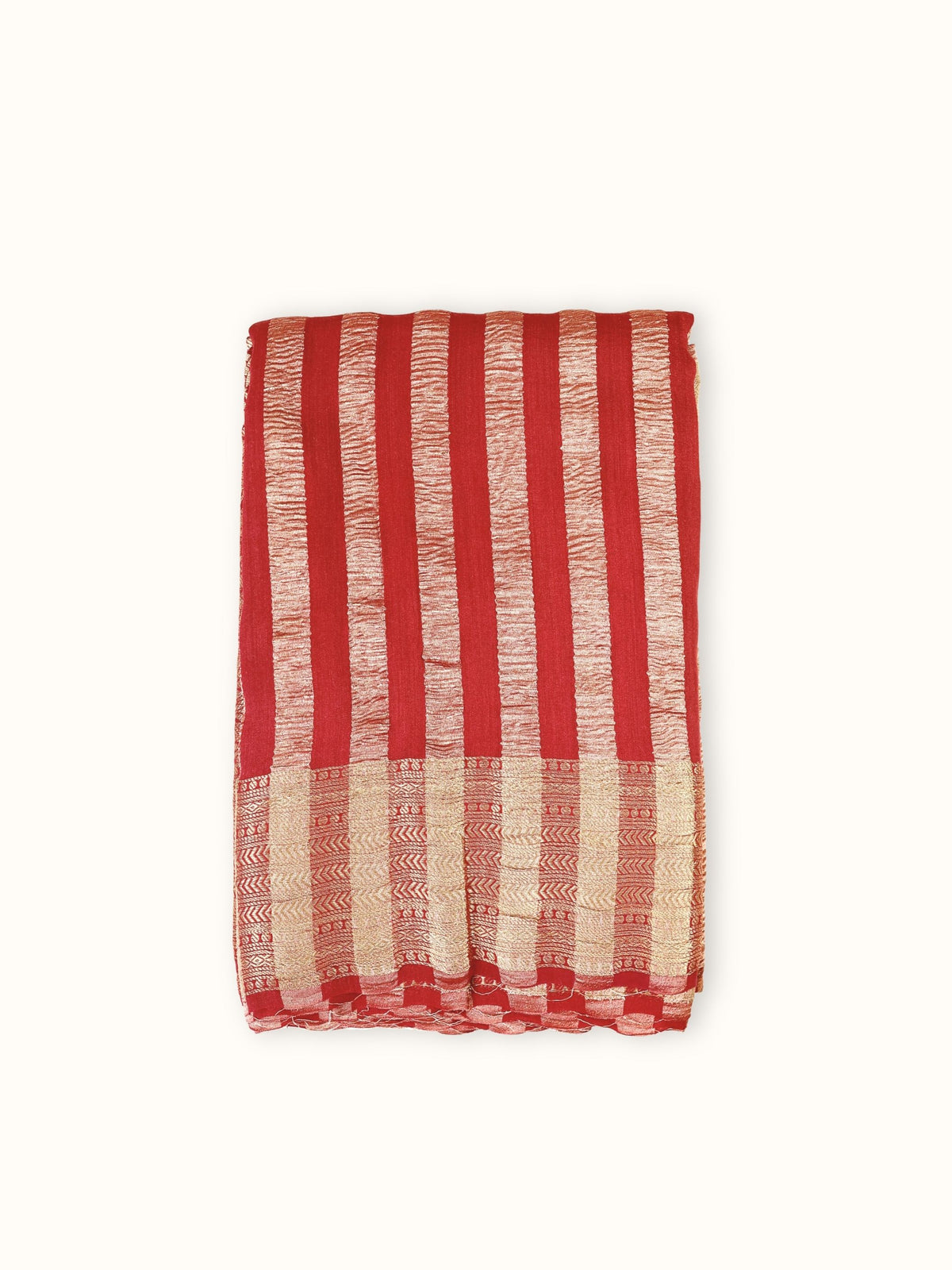 Red Muga stripe silk saree folded, with broad red and gold stripes