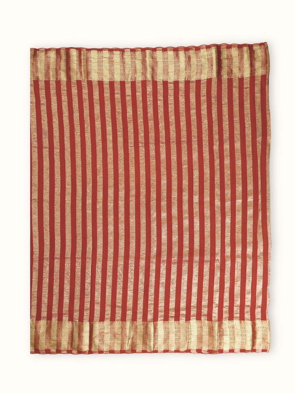 Saree laid open, red and gold stripes down the body