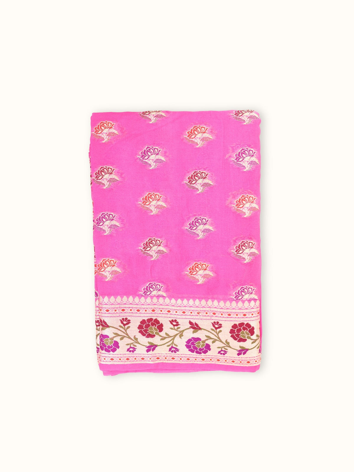 Rose Pink Chiffon Saree with Meenakari Panel Pallu, folded