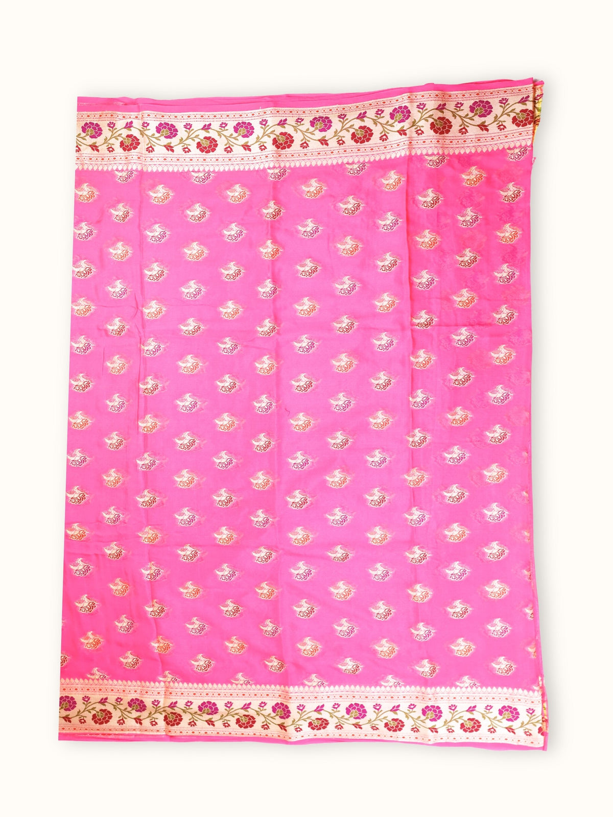 Rose Pink Chiffon Saree with Meenakari Panel Pallu, full spread