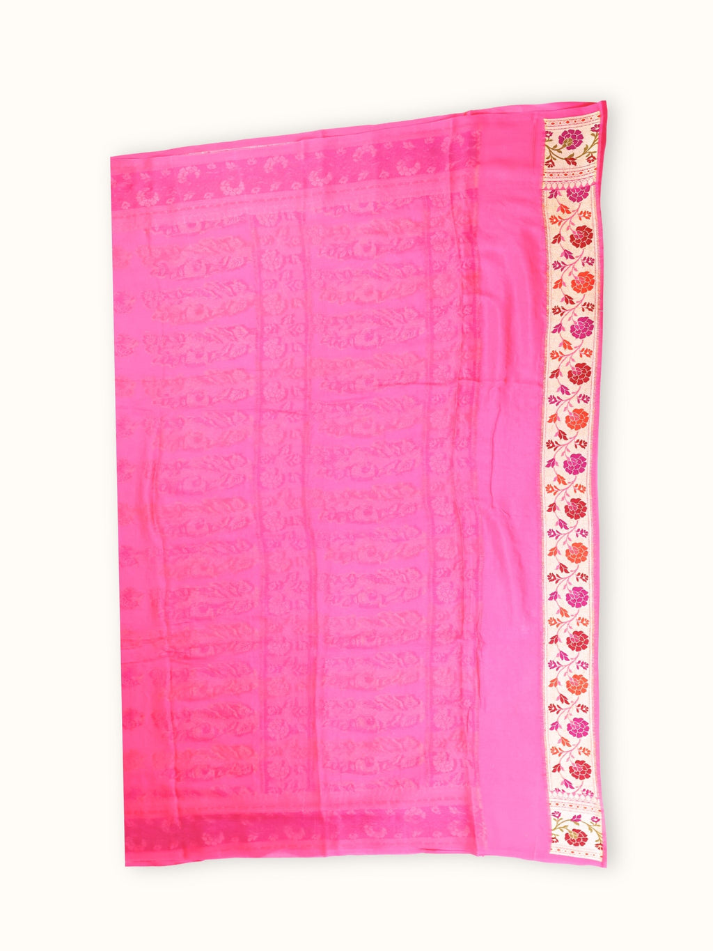 Rose Pink Chiffon Saree with Meenakari Panel Pallu, blouse piece and border
