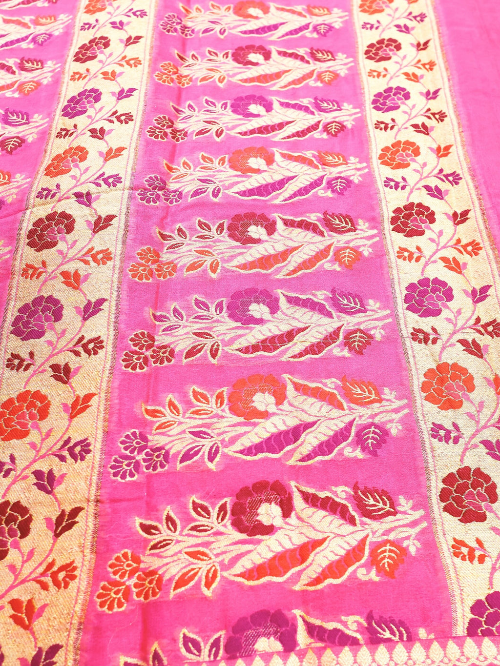 Rose Pink Chiffon Saree with Meenakari Panel Pallu, close detail of the weave