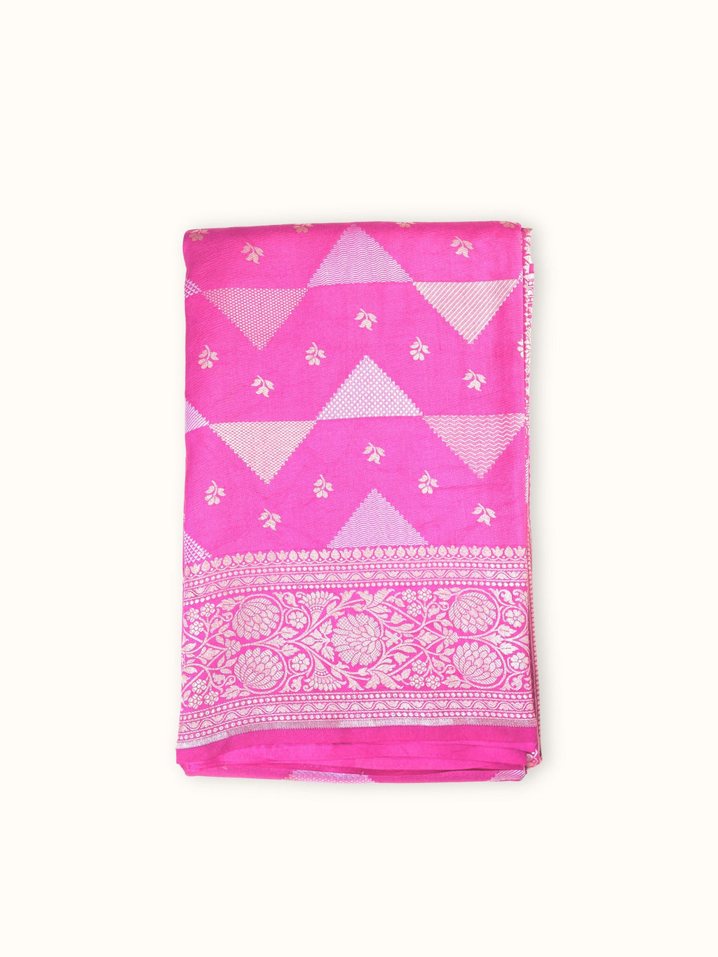 Rose Pink Khaddi Chiniya Handloom Saree with Silver Jangla, folded