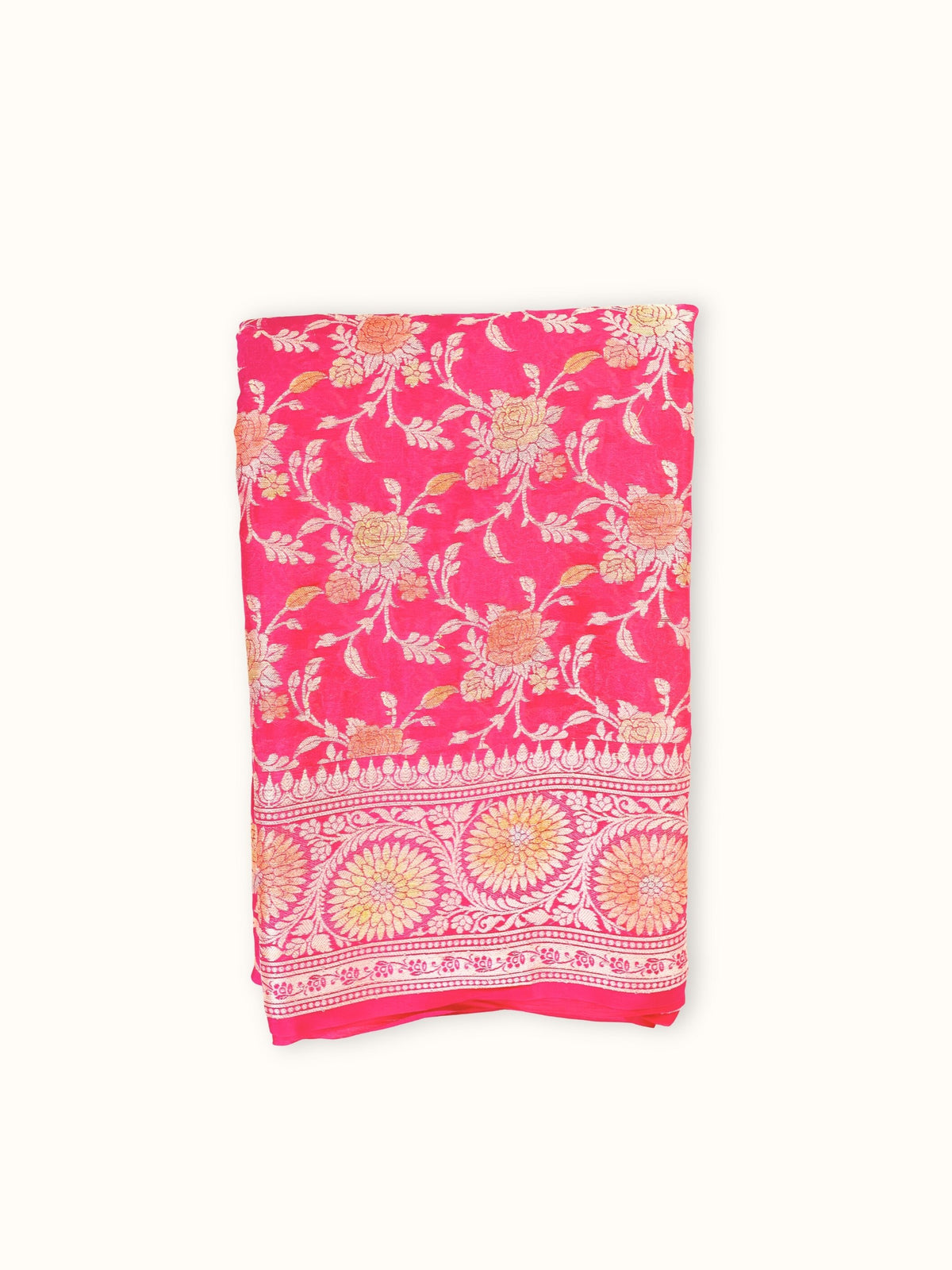 Rose Pink Rangkaat Chiffon Saree with Hand Painted Zari, folded