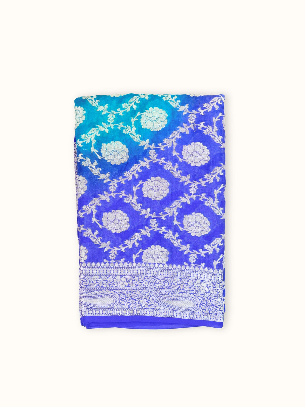 Royal Blue and Turquoise Chiffon Saree with Silver Trellis, folded