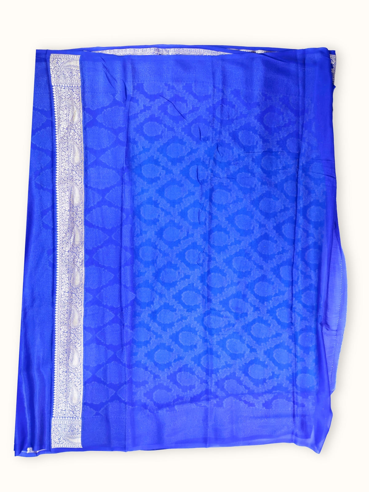 Royal Blue and Turquoise Chiffon Saree with Silver Trellis, full spread