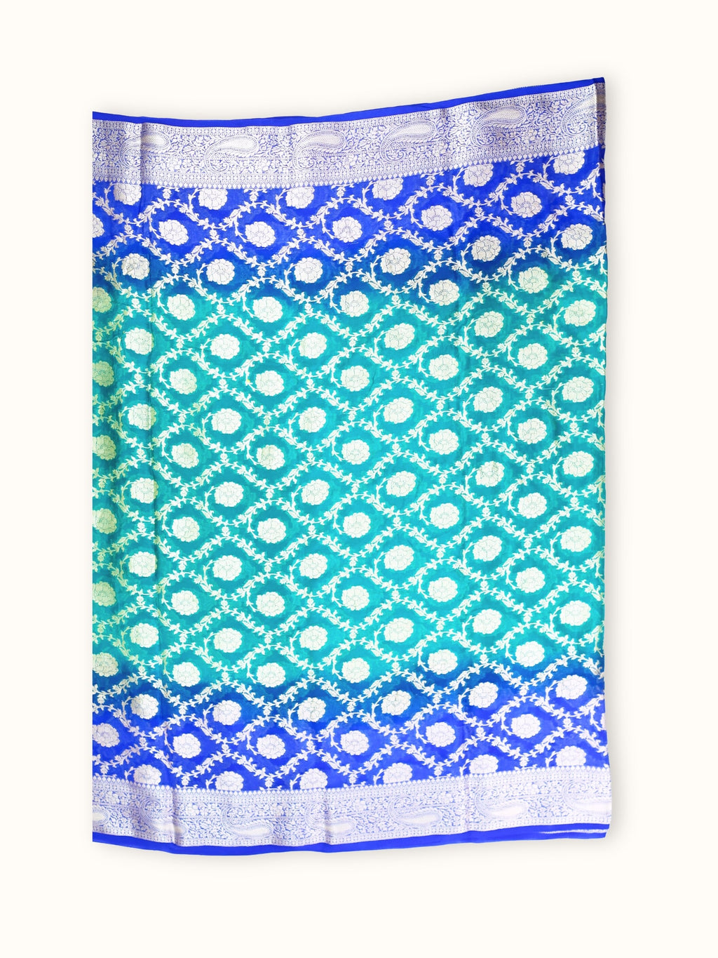 Royal Blue and Turquoise Chiffon Saree with Silver Trellis, pallu