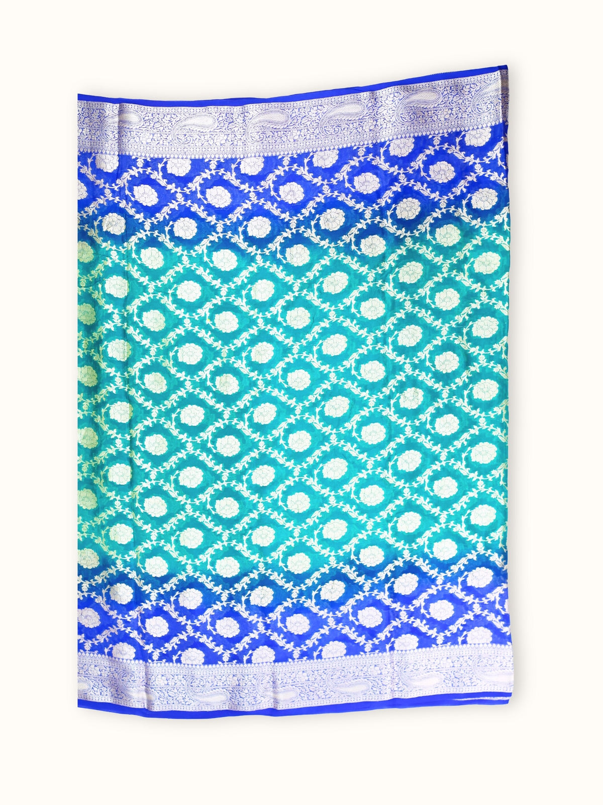 Royal Blue and Turquoise Chiffon Saree with Silver Trellis, pallu