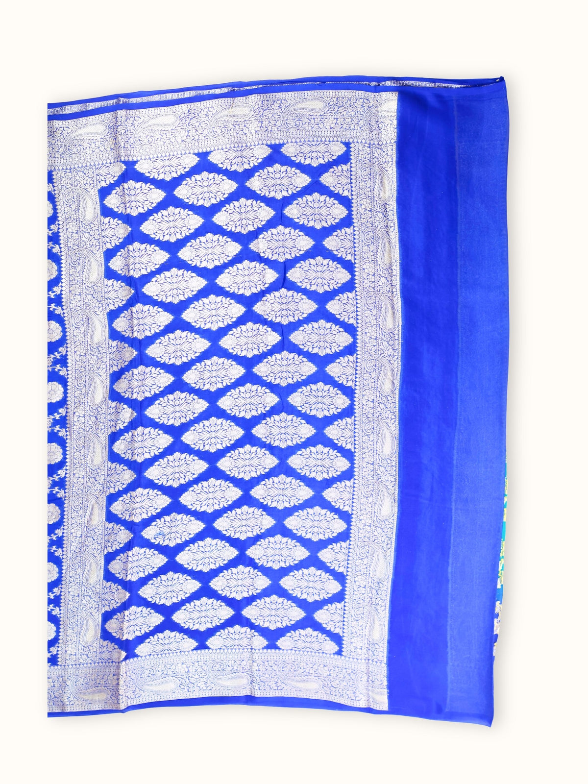 Royal Blue and Turquoise Chiffon Saree with Silver Trellis, blouse piece and border