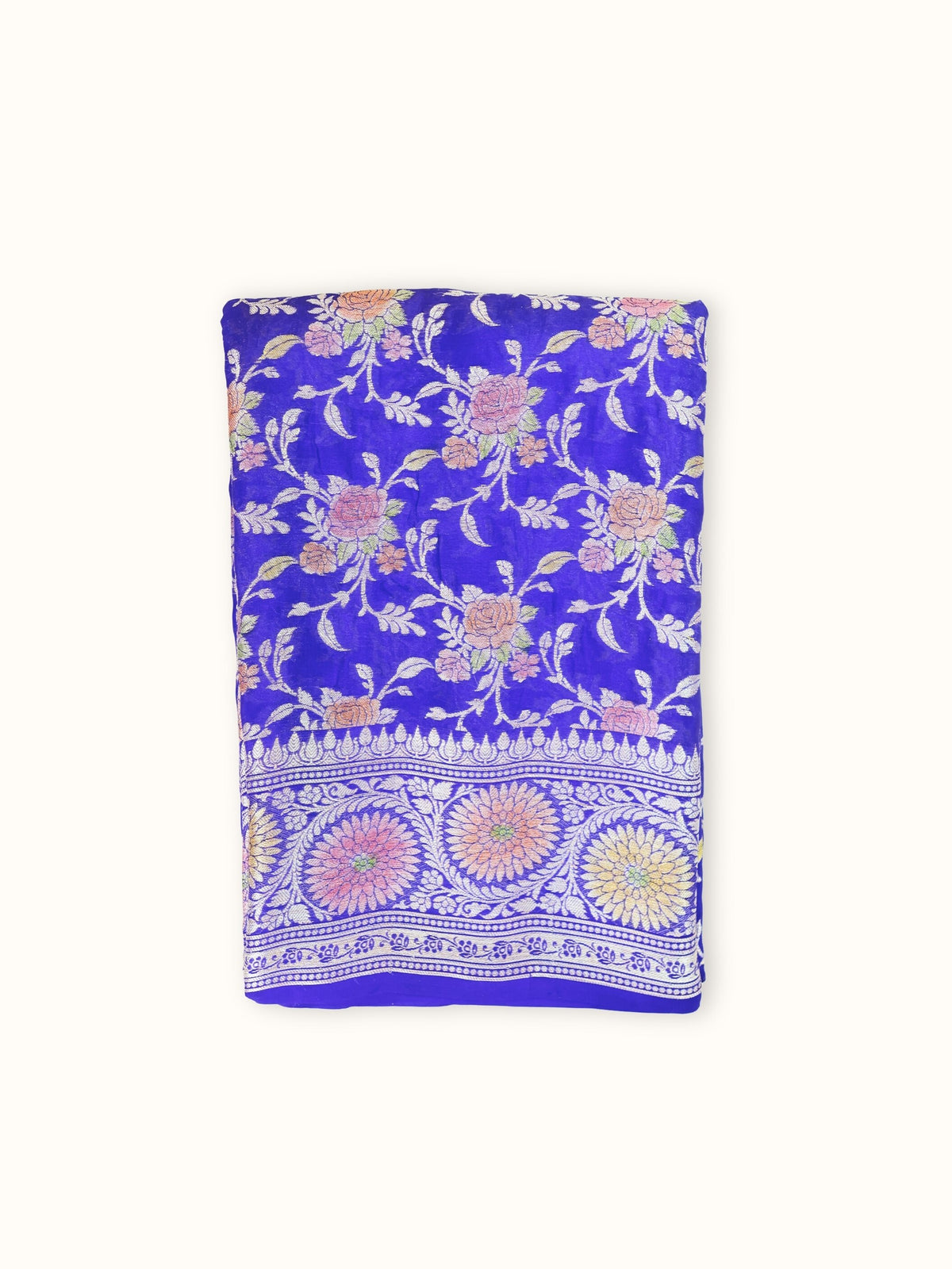 Royal Blue Rangkaat Chiffon Saree with Hand Painted Zari, folded