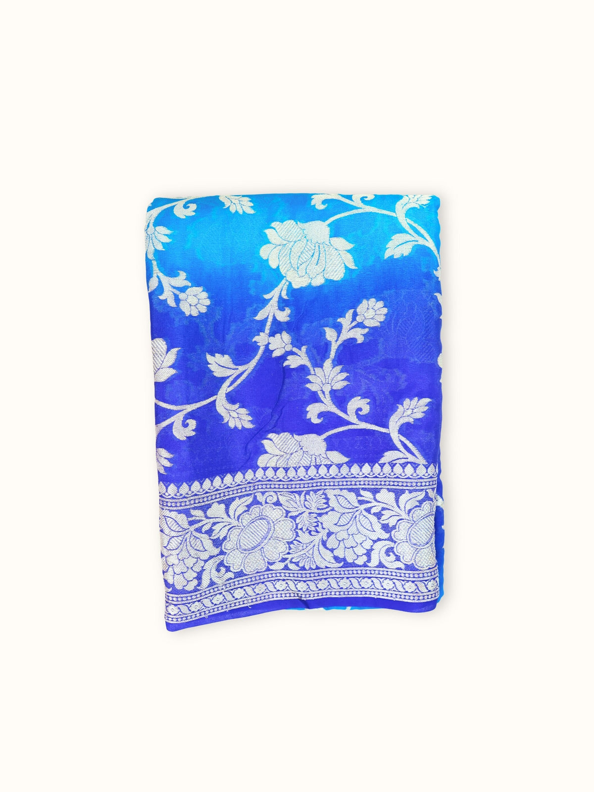 Sapphire Blue Chiffon Saree with Silver Rose Jaal, folded