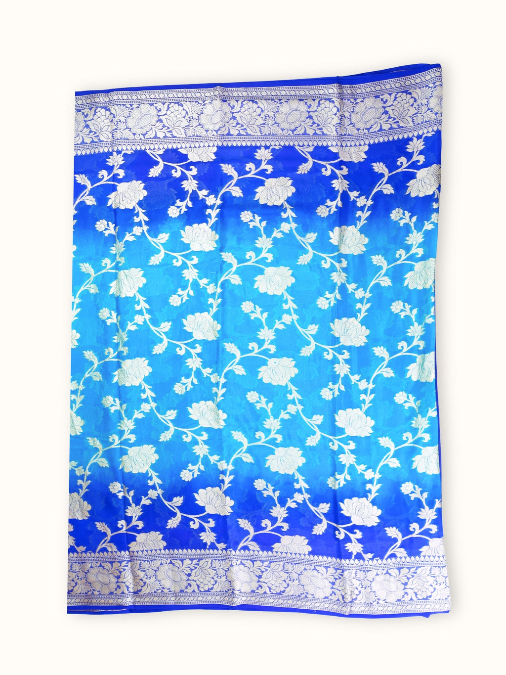 Sapphire Blue Chiffon Saree with Silver Rose Jaal, full spread