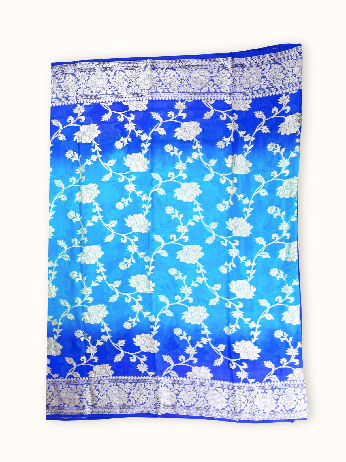 Sapphire Blue Chiffon Saree with Silver Rose Jaal, full spread