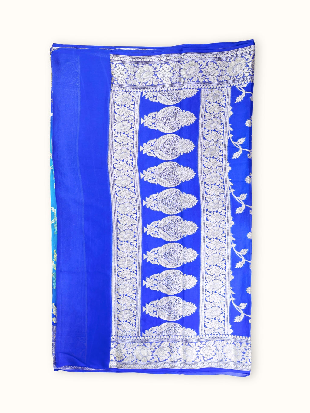 Sapphire Blue Chiffon Saree with Silver Rose Jaal, pallu