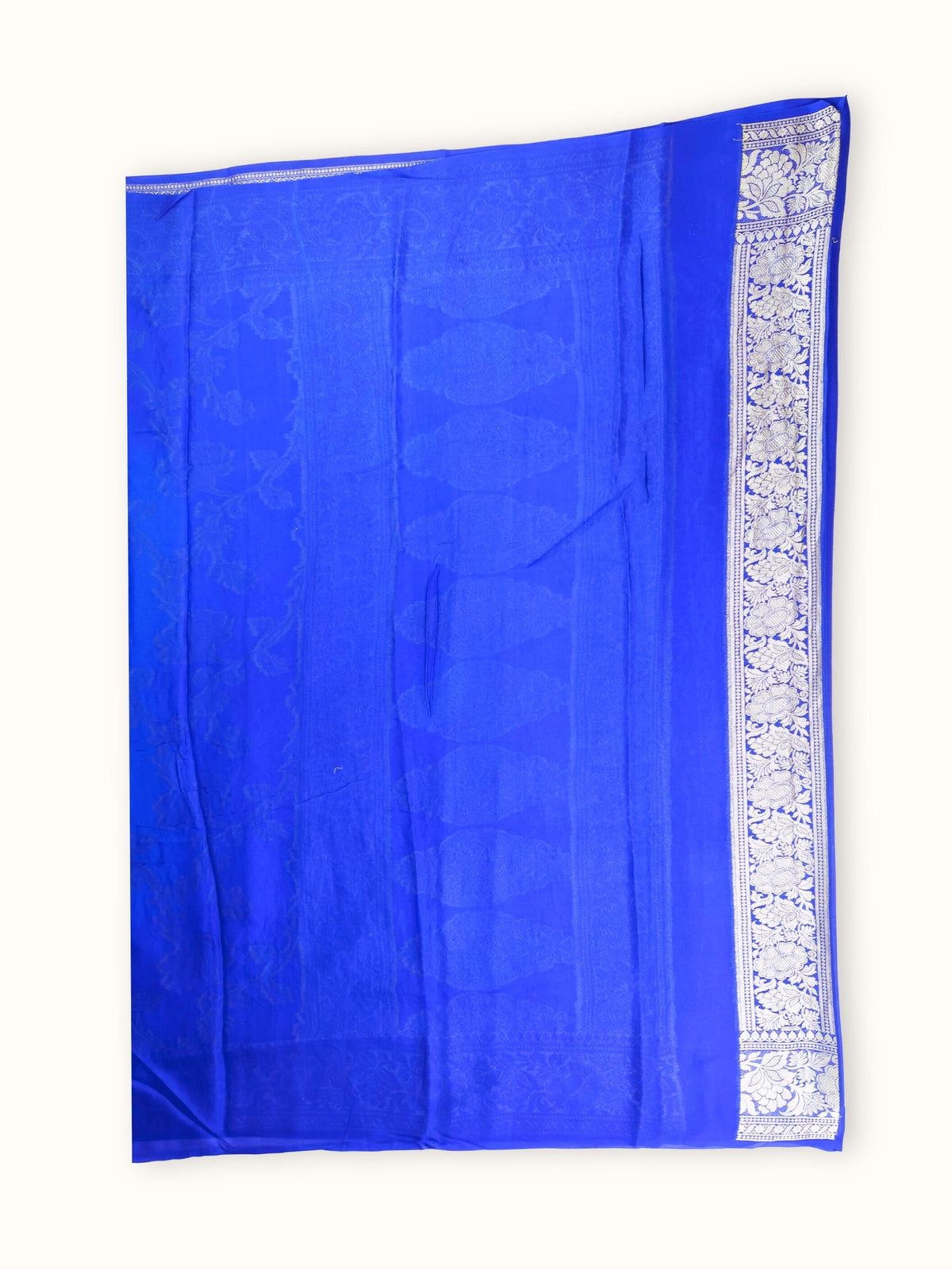 Sapphire Blue Chiffon Saree with Silver Rose Jaal, blouse piece and border