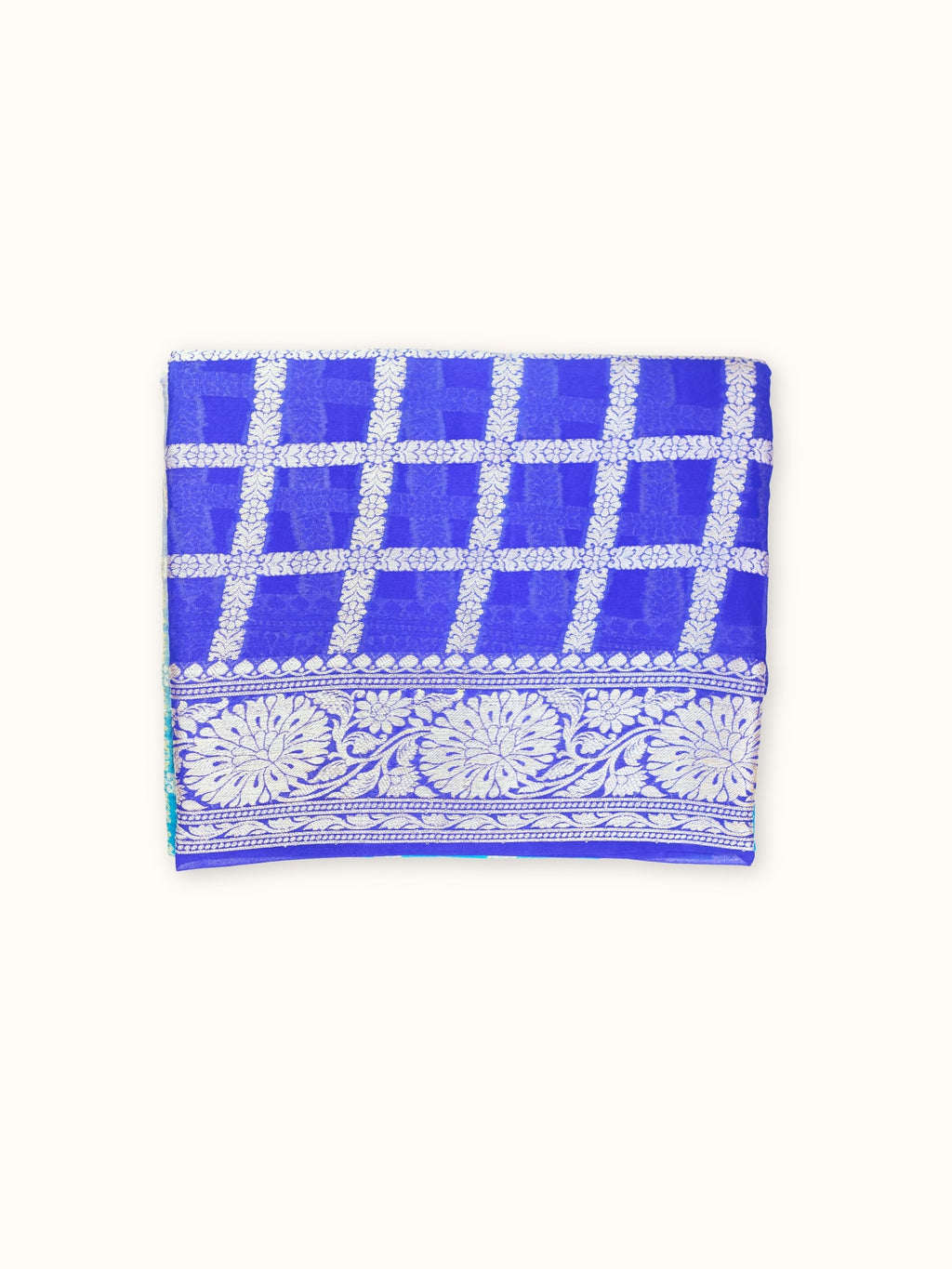 Sapphire to Ivory Chiffon Saree with Silver Lattice Jaal, folded