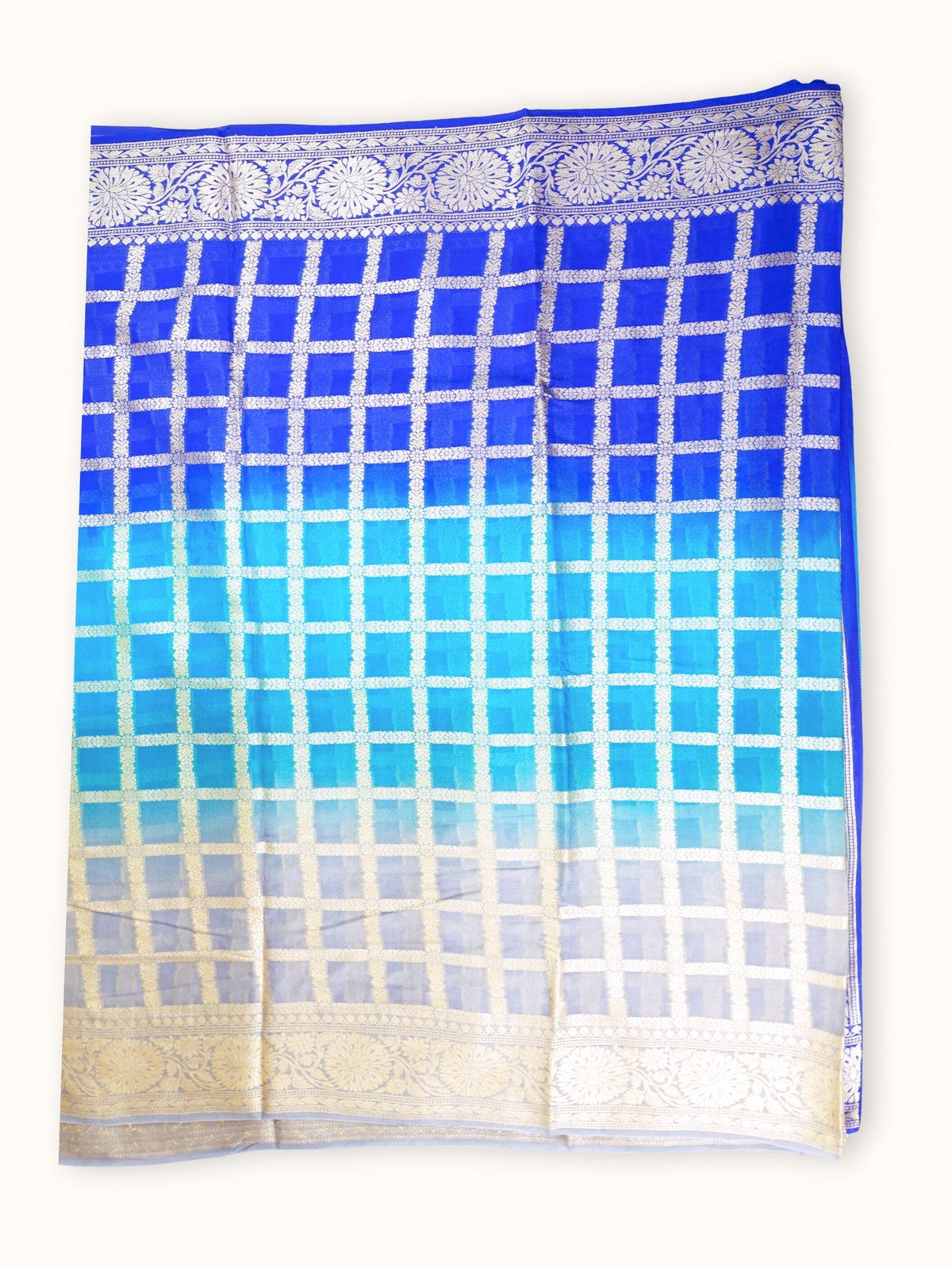 Sapphire to Ivory Chiffon Saree with Silver Lattice Jaal, full spread