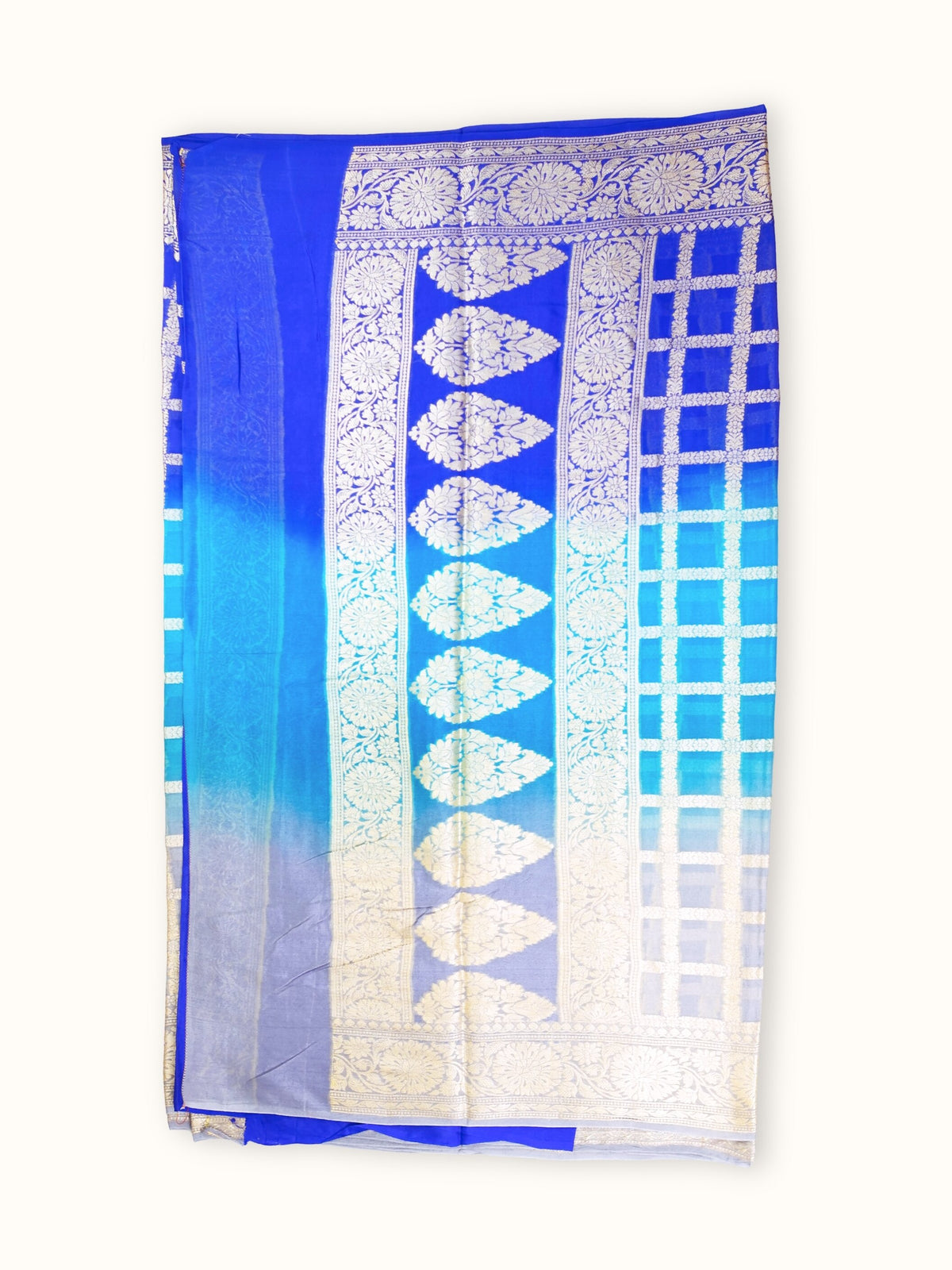 Sapphire to Ivory Chiffon Saree with Silver Lattice Jaal, pallu