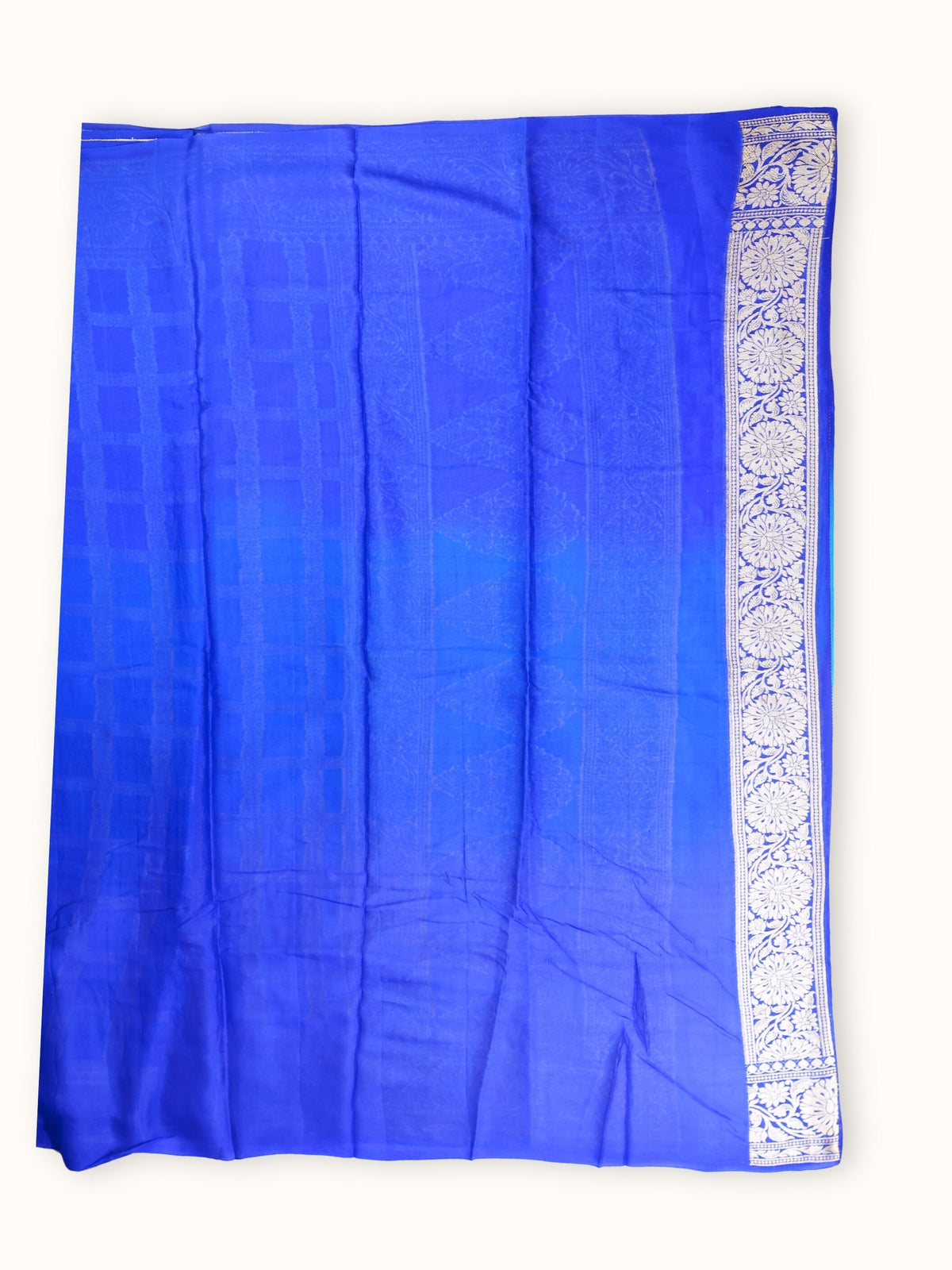 Sapphire to Ivory Chiffon Saree with Silver Lattice Jaal, blouse piece and border