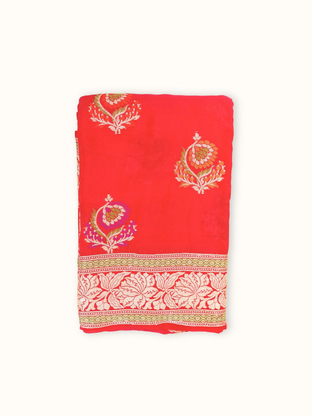 Scarlet Chiffon Saree with Gold Zari Pallu, folded
